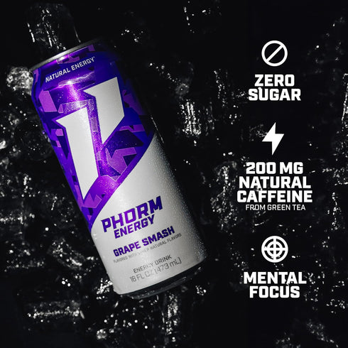 200 B12, 16 Oz 12 Pack Phorm Energy Drink, Grape Smash Flavor, MG Natural Caffeine From Green Tea, Sugar Free