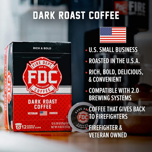 Fire Department Coffee - Dark Roast Coffee Pods, Bold & Strong, 12 Single Pods