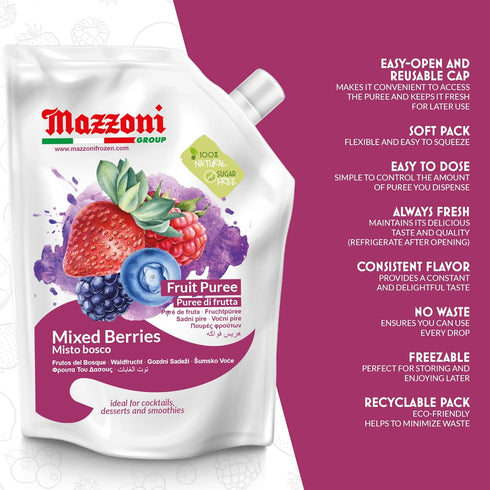 100% 2.2 lbs (35.2 oz) Mazzoni - Mixed Berry Juice Puree, Pure Forest Berries (Strawberry, Blueberry, Raspberry), Just