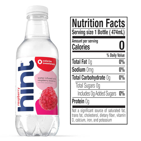 16 Oz (Pack 12) Hint Flavored Bottled Water, Raspberry - Purified Water Beverages with Zero Calories, Natural Flavors