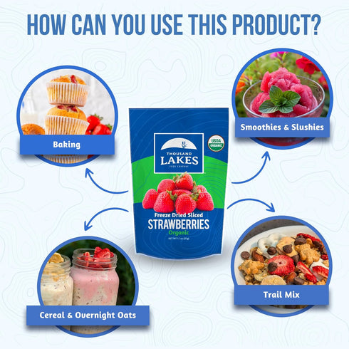 6 100% Thousand Lakes Freeze Dried Fruit - ORGANIC Strawberries - Bulk ounces | No Sugar Added | Sliced Organic