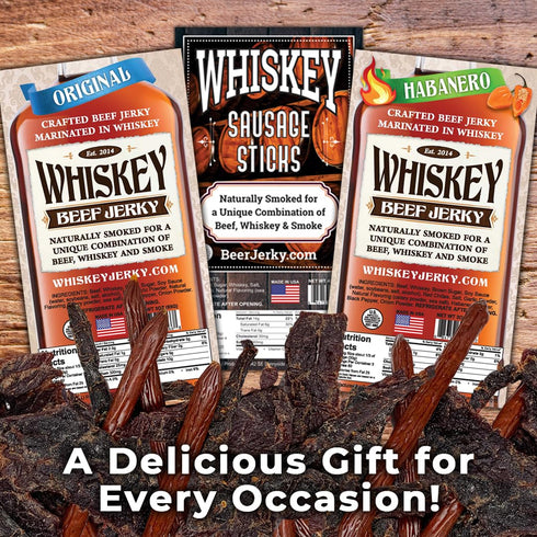 3-Packs, BeerJerky.com, Beef Marinated in Whiskey and Sausage Sticks Marinated in Whiskey, Variety Jerky Gifts for Men