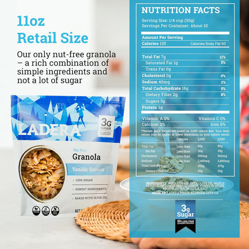 11 OZ Ladera Vanilla Quinoa Granola - Nut Free Low Sugar Breakfast Cereal, Gluten Free & Vegan, Honest Ingredients