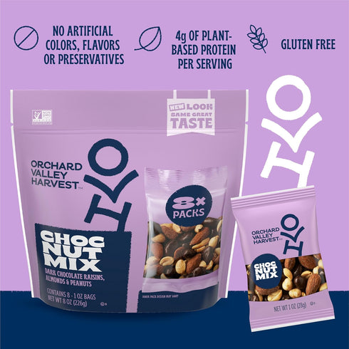 Multipack, 1 oz (Pack 8), 4g Orchard Valley Harvest Choc Nut Mix of Dark Chocolate Raisins, Almonds & Peanuts, Gluten