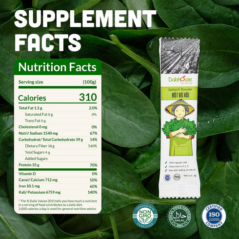 100% Immunity, (20 2.1 oz) Pack 2 Dalahouse Freeze-Dried Spinach Powder, Nutritional Vegetable Supplement, Rich Flavor