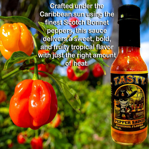 TASTY PEPPER SAUCE (30k 5 oz Caribbean Scotch Bonnet Hot Sauce, Salsa Picante Gourmet Pepper Sauce, Texas Made