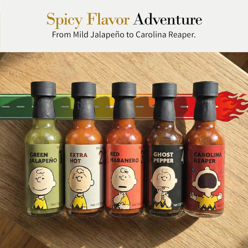 5 Set Pack Hot Sauce Collection by MSFR Levels of Charlie Brown from PEANUTS Mini Hot Sauce Bottles Gift with Spicy