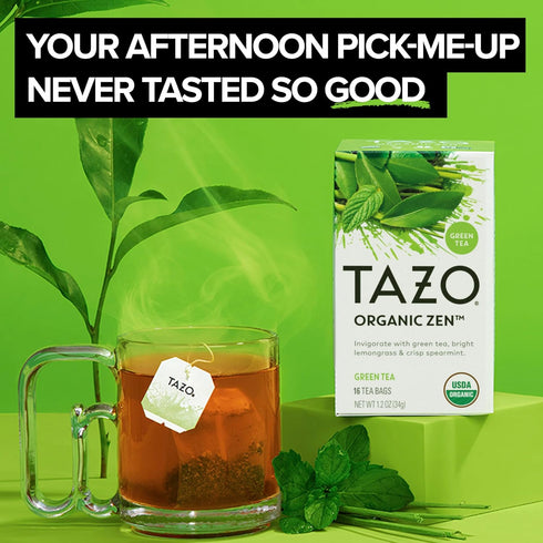 16 TAZO Organic Zen Green Tea, Caffeinated Tea with Refreshing Lemongrass & Spearmint, Total Bags