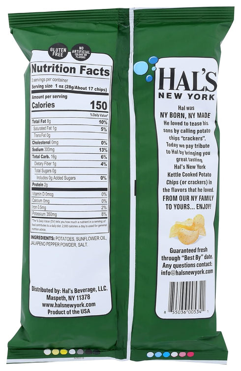 Hal's New York 5 (Pack 12) Kettle Chips, Jalapeo Kettle Cooked Potato Chips, No Artificial Colors or Flavors, Kosher