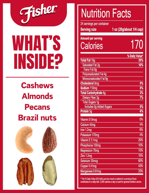 24 100% Fisher Snack Deluxe Mixed Nuts, Ounces, Cashews, Almonds, Pecans, Brazil Nuts, Recyclable, Healthy Snacks