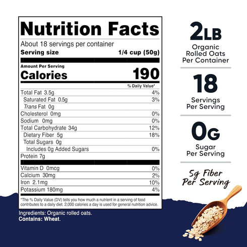 (2 LB) 5g Nutricost Pantry Organic Rolled Oats - Fiber Per Serving, USDA Organic, Vegan, GMO-Free