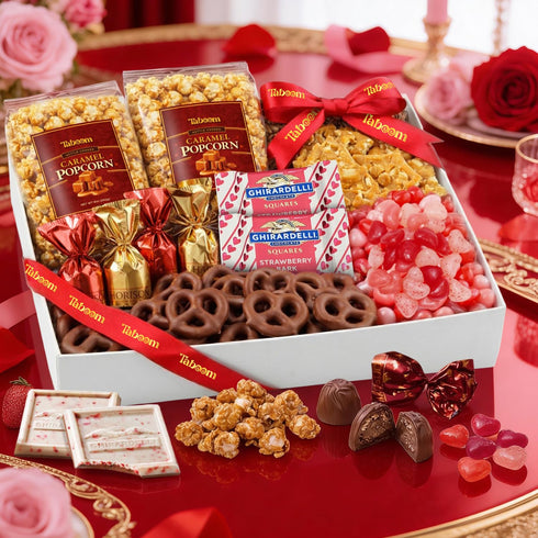 Valentines Day Chocolate Gift Basket - Assortment Tray Sweet & Savery Gourmet Snack Food Gift Box With Caramel Popcorn