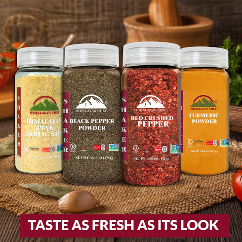 Pack Pack 4 Himalayan Chef Natural Spices Shaker Variety (Turmeric Powder, Black Pepper Garlic Salt Powder & Red