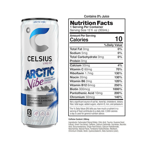 Frozen 12 Oz (Pack 12) CELSIUS ARCTIC VIBE Sparkling Berry, Sugar Free Energy Drink, Fl