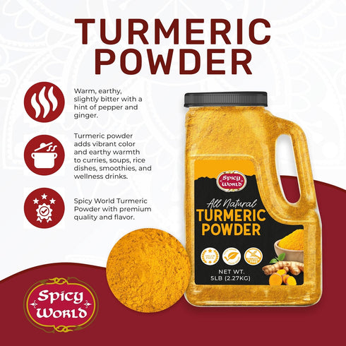 Spicy World 5 LB Turmeric Powder Jar Gluten Free, Bulk Turmeric with Curcumin, Ground Haldi Spice for Cooking, Pure