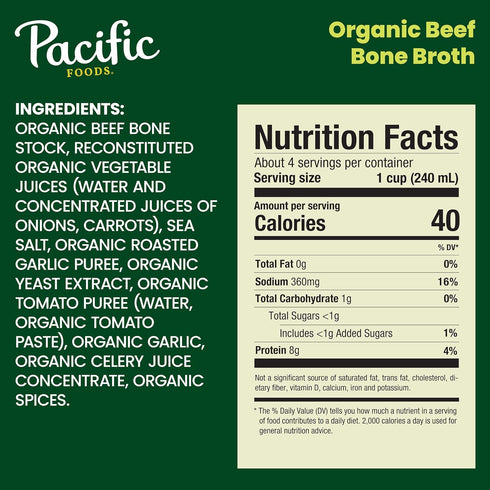 32 oz (Pack 4) Pacific Foods Organic Beef Bone Broth, Carton
