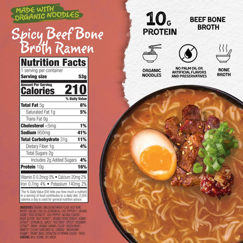 (Pack 6) 10g Mikes Mighty Good Spicy Beef Bone Broth Ramen Cup of Protein Instant Ramen Noodles Organic Steamed