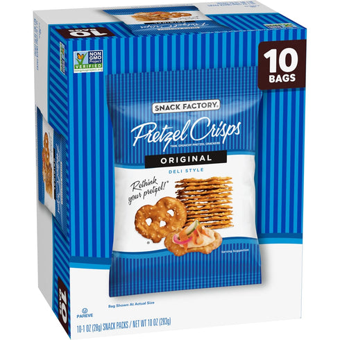 1 Oz 10 Snack Factory Pretzel Crisps, Original, Snack Bags, Ct