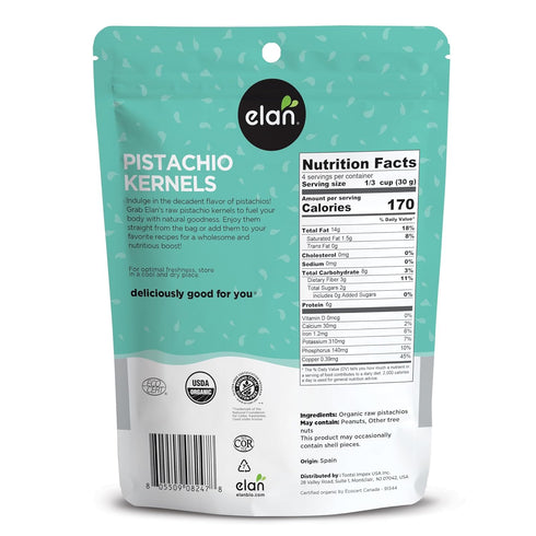 4.8 oz, Elan Organic Raw Pistachios, Unsalted Kernels, No Shell,Pistachio Nuts, Non-GMO, Vegan, Gluten-Free, Kosher