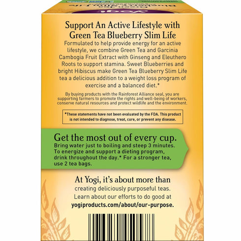 16 Pack (6 Packs) Bilberry Yogi Tea Green Tea Blueberry Slim Life Tea - Tea Bags per - Organic Tea to Support Stamina