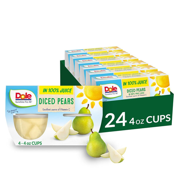 Dole Fruit Bowls Diced Pears in 100% Juice, 4oz, 24 Total Cups, Gluten & Dairy Free, Bulk Lunch Snacks