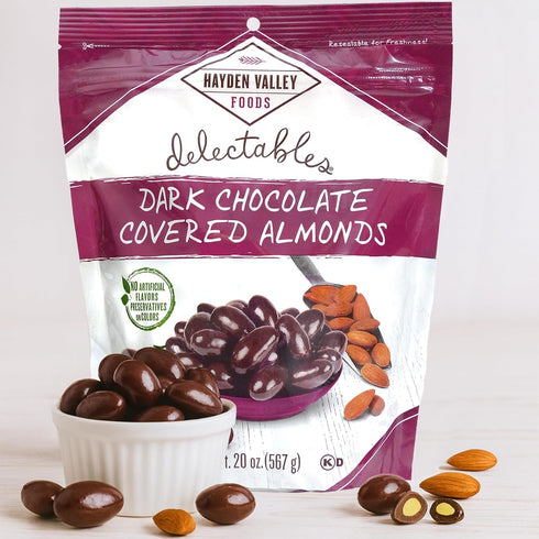 20 oz Hayden Valley Foods Dark Chocolate Covered Almonds | Resealable Bag | No Artificial Flavors, Preservatives