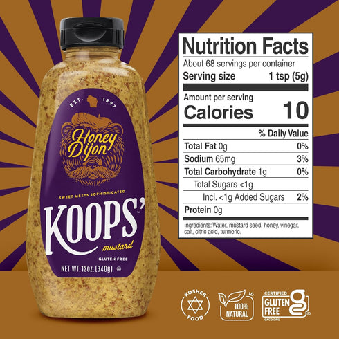12 Oz, Pack 2 Koops' Honey Dijon Mustard Gourmet Mustard, Gluten-Free, Kosher, Made in USA, From Quality Mustard Seeds