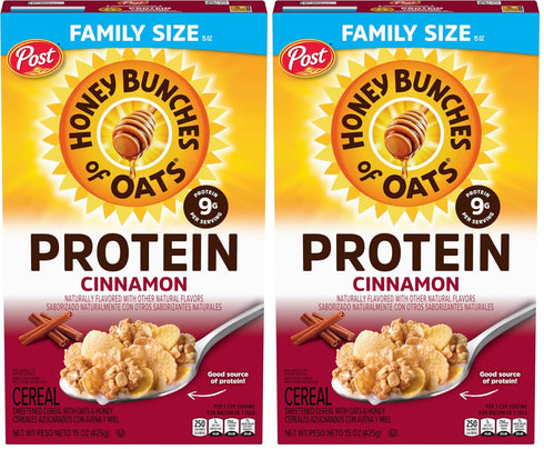 Honey Bunches of Oats Cinnamon Protein Cereal, Breakfast or Snack, Family Size,