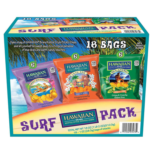 KILAUEA FIRE Hawaiian Brand Kettle Style Potato Chips Surf Pack, 18 Single-Serve Bags (1