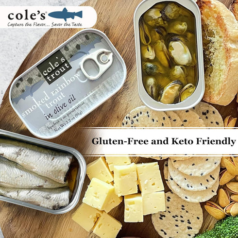 4oz Hand-Packed 14g Pack 5 Coles Patagonian Smoked Mussels Canned with Lemon & Garlic in Extra Virgin Olive Oil |