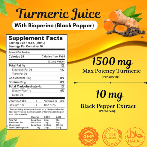 16.23 Oz (480ml) BASIC AYURVEDA Turmeric Juice with Black Pepper | Pure Haldi Extract for Wellness Support |