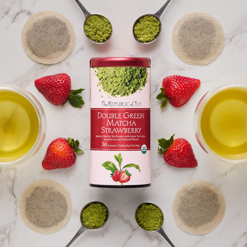 36 The Republic of Tea Organic Double Green Matcha Strawberry, Individual Tea Bags with Japanese Matcha Tea Powder