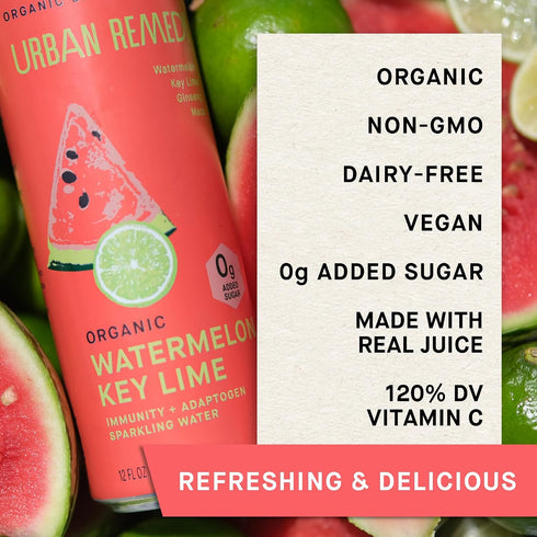 12 oz Urban Remedy Organic Sparkling Water Watermelon Key Lime with Maca & Ginseng, Vitamin C Boost, Low Calorie