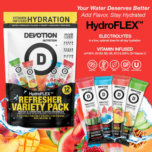 Packets (4-Flavor Pack) 12-Pack Devotion Nutrition HydroFLEX Water Flavoring Sugar-Free Hydration with Vitamins