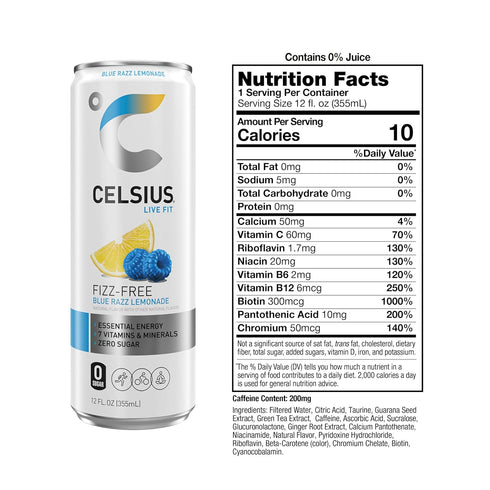 12 Oz (Pack 12) CELSIUS Fizz Free Blue Razz Lemonade, Sugar Free Energy Drink, Fl
