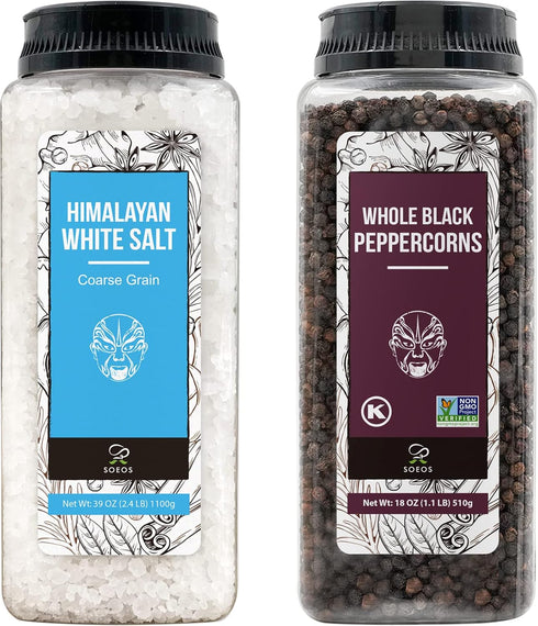 Soeos Himalayan Sea Salt, 39 oz (2.4 lb) + Whole Black Peppercorns,