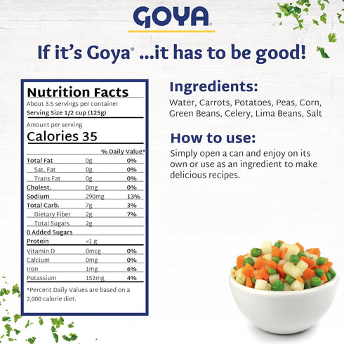 6-Pack (14.9 oz Goya Canned Mixed Vegetables Fresh, Ready-to-Use Blend with Carrots, Peas, Corn, and More, Perfect