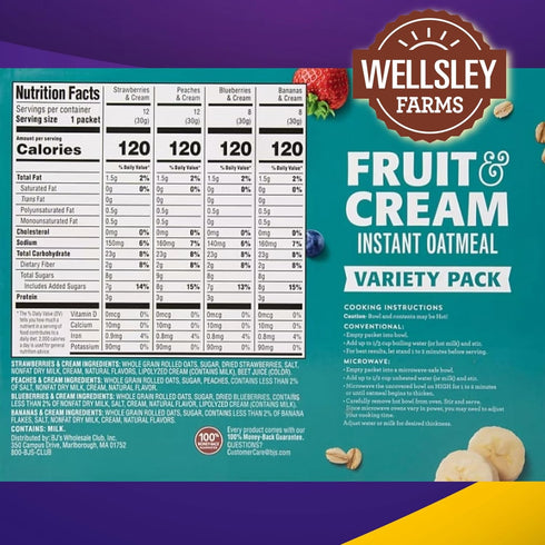 Wellsley Farms 40 Pack (8x 12x 8x 12x Fruit And Cream Instant Oatmeal Variety. Banana, Peach, Blueberry, Strawberry)