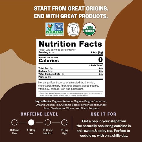 16 Packaging (Pack 1) FGO Organic Chai Tea, Ounce Loose Leaf Bulk Resealable Bag, May Vary