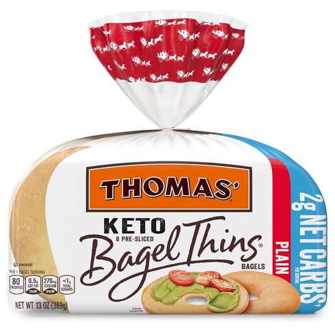 THOMAS' 8 count, (1.63 oz 13 oz Keto Plain Bagel Thins, each), Bagels, Bag