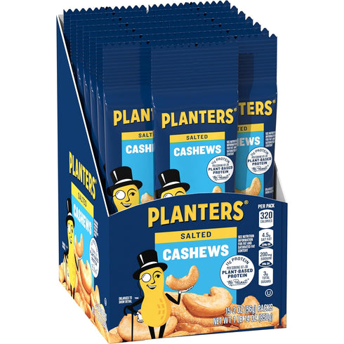 2 oz Packages, 15 Count PLANTERS Salted Cashews, Roasted Cashews, Snacks for Adults