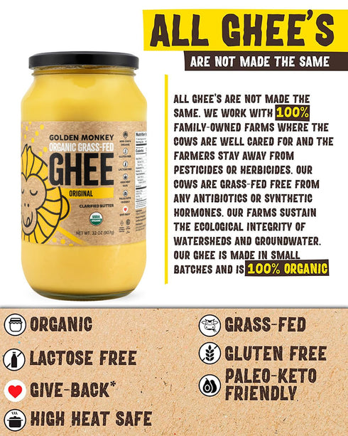 (32oz) GOLDEN MONKEY Organic Ghee Butter Grass Fed Clarified Butter for Cooking, Baking, Keto & Gut Health Ghee Butter