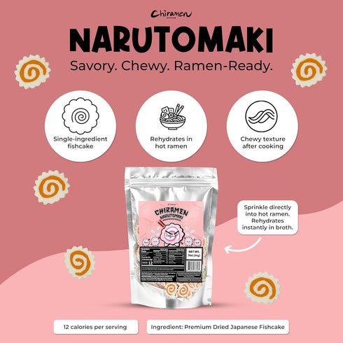 CHIRAMEN Dried Narutomaki Fish Cake Ramen Toppings Classic Japanese Fish Cake Slices with Pink Swirl Instant Noodle