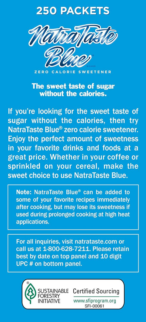 NatraTaste 250 Packets (1 pack) Blue Zero Calorie Sweetener, Bulk Sugar Substitute for Coffee, Iced Tea, Lemonade, Hot