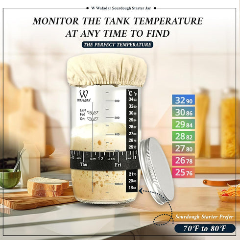 24 oz Upgraded Sourdough Starter Jar Kit Glass Jar with Date Marked Feeding Band, Thermometer, Scraper, Cleaning Brush