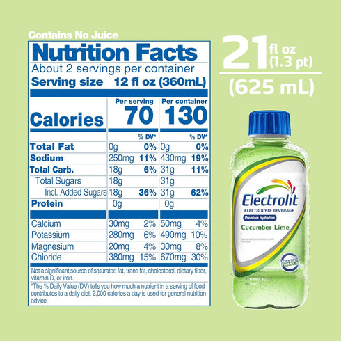 21 Oz (Pack 12) Electrolit, Electrolyte Beverage, Cucumber-Lime, Fl bottle