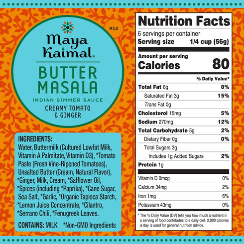 12.5 oz, Simmer (Pack 2) Maya Kaimal Butter Masala Sauce, Mild Indian Sauce with Creamy Tomato and Ginger. Vegetarian