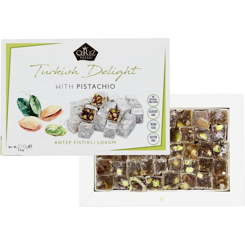 7.4 oz. Cerez Pazari Turkish Delight Pistachio Candy, Gourmet Premium Vegan Sweets Small Gift Box, Luxury Traditional