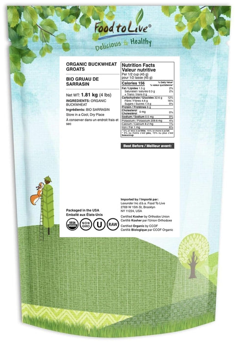 4 Food to Live Organic Buckwheat Groats, Pounds Whole Grain Buckwheat Seeds by Food to Live. Hulled, Non-GMO, Kosher