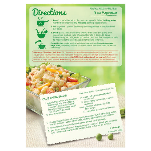 2 15 oz Betty Crocker Suddenly Pasta Salad, Ranch and Bacon, Dry Meals, ct